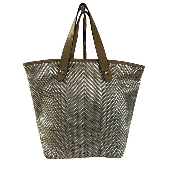 Hermès Woven Leather Chevron Tote Bag Beige Silver Made in India VPM Stamp - Picture 6 of 16